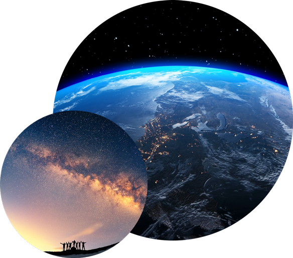 Composite image showing Earth from space with city lights visible, alongside a smaller photo of silhouetted people under the Milky Way.